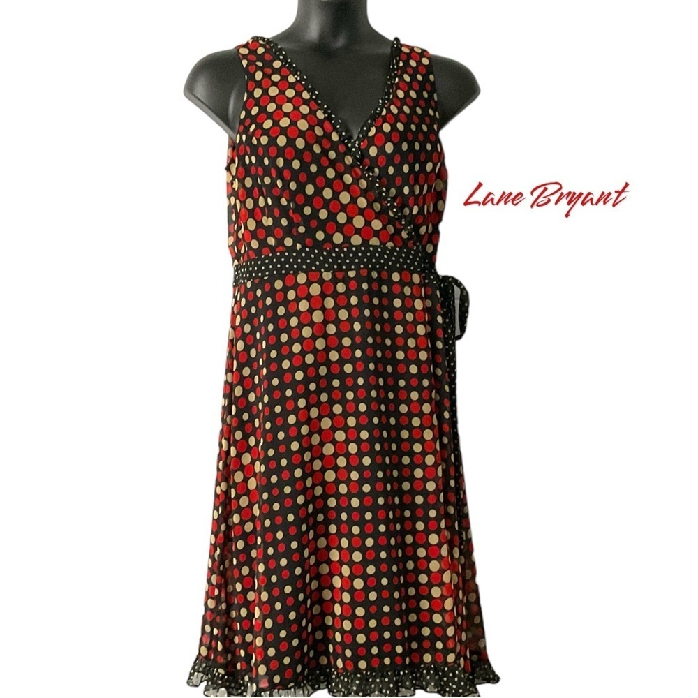 Lane Bryant Polka‎ Dot Wrap Around Dress Sleeveless Red Black Tan Ruffle SZ 14